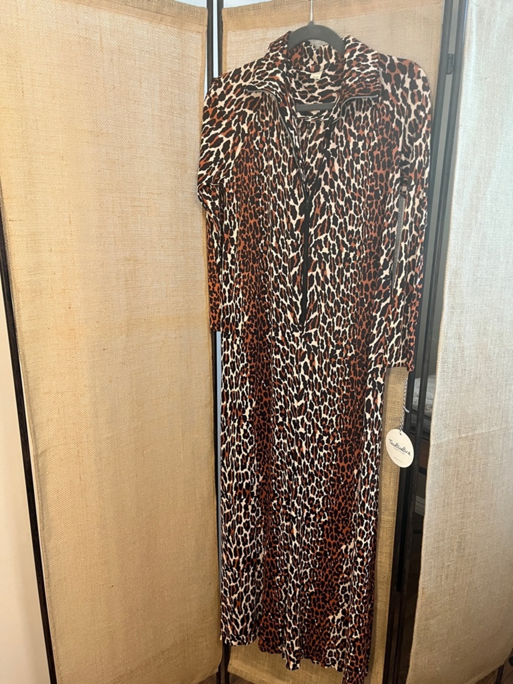 Blue Bird Collared Leopard-Print Wide-Leg Long Jumpsuit in Brown and Cream